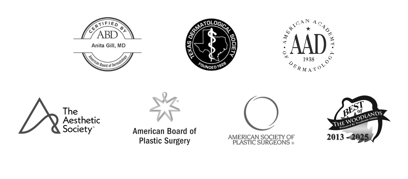 The Gill Center providers credentials for American Board of Dermatology, Texas Dermatological Society, American Academy of Dermatology, The Aesthetic Society, American Board of Plastic Surgery, American Society of Plastic Surgeons, Best of The Woodlands award 2013–2025.