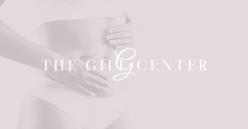 The Gill Center logo over an image of a woman touching her taught tummy after a mommy makeover