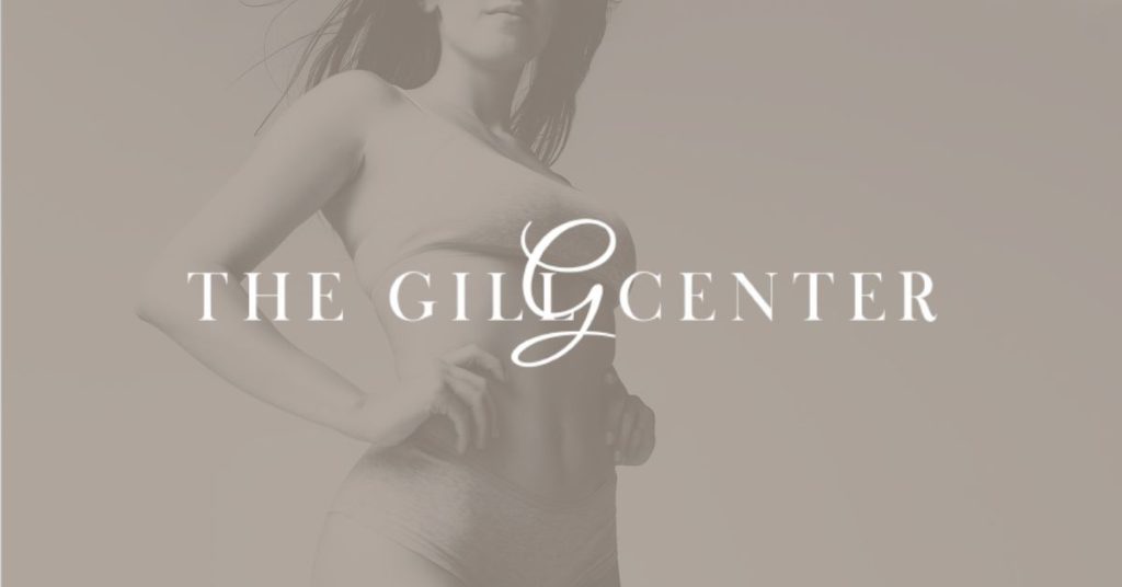 The Gill Center logo over an image of a woman with a flat stomach after a tummy tuck