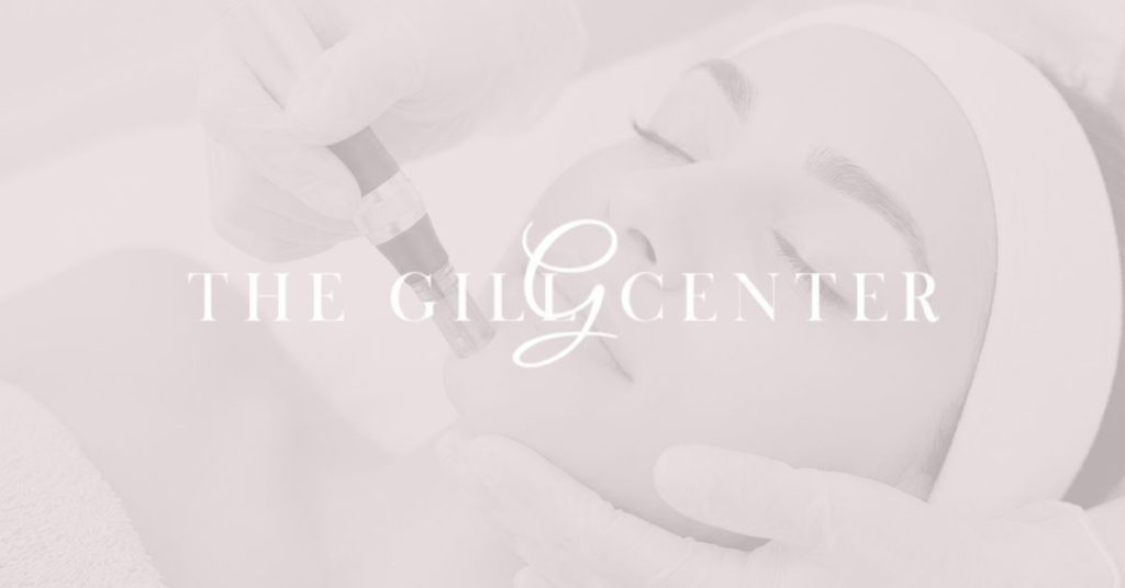 The Gill Center logo over an image of a woman receiving a microneedling treatment