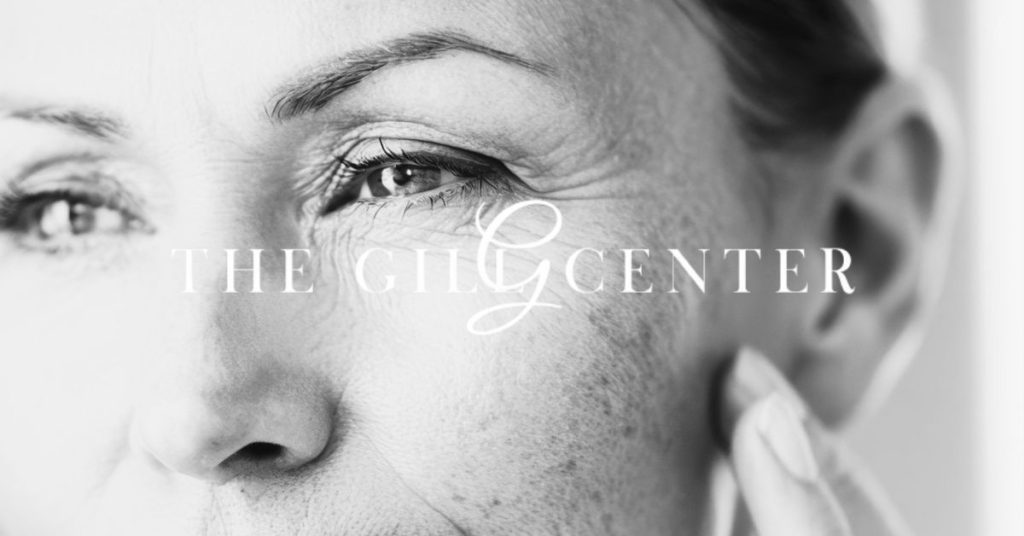 The Gill Center logo over an image of a woman with sun-damaged skin