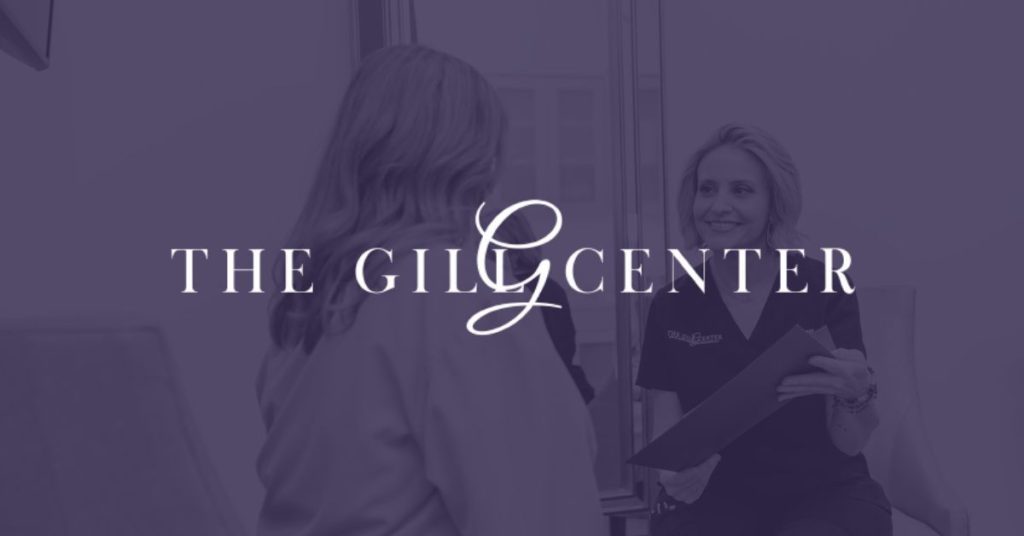 The Gill Center Logo over a real patient image of a consultation at The Gill Center