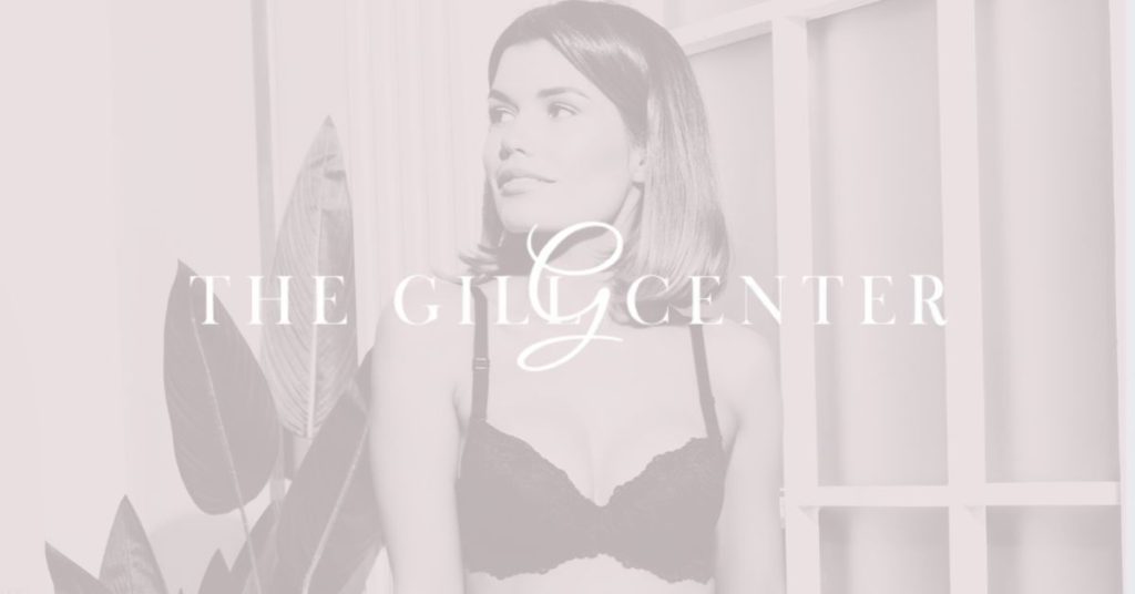 The Gill Center logo over an image of a woman pleased with her breast revision results
