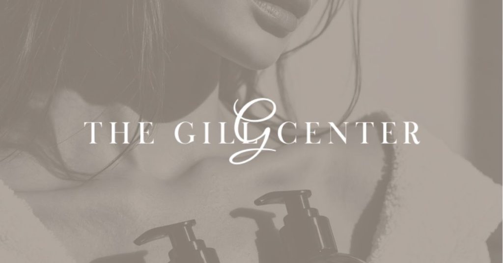 The Gill Center logo over an image of a woman with glowing skin, holding her skincare routine