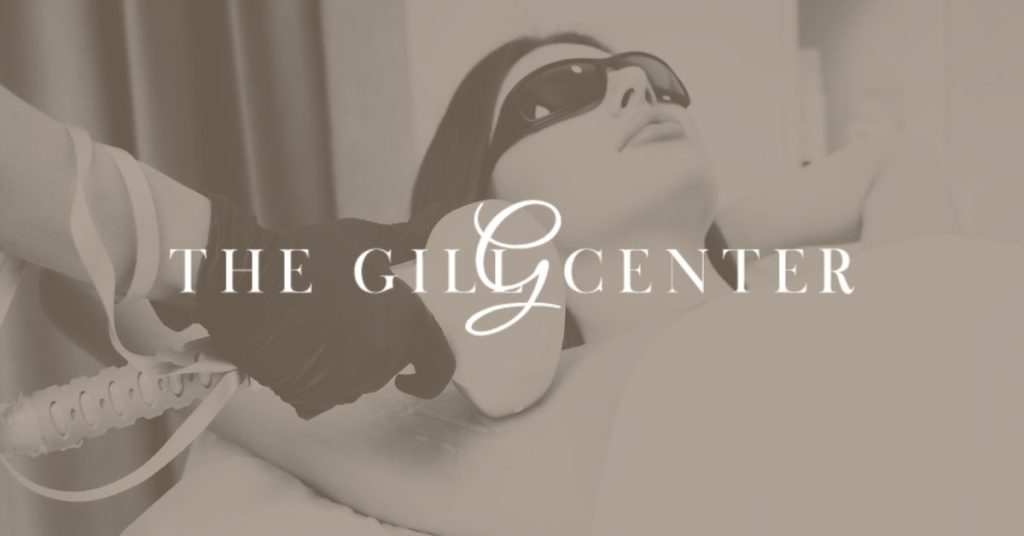 The Gill Center logo over a model image of a woman receiving a laser treatment on her underarm