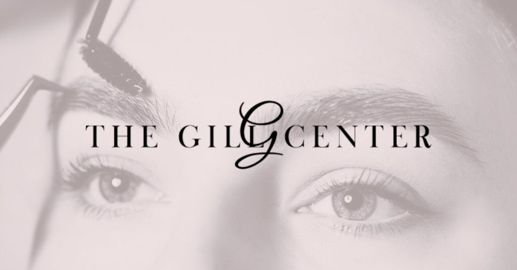 The Gill Center logo over a model image of a woman grooming her eyebrows