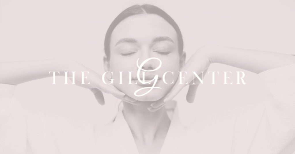 The Gill Center logo over an image of a young woman with beautiful skin post chemical peel treatment